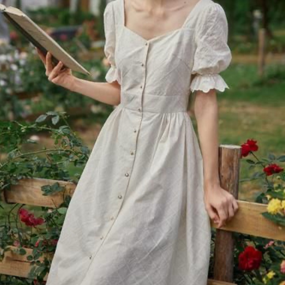 Simple Retro Vintage Cream Button-Down Dress